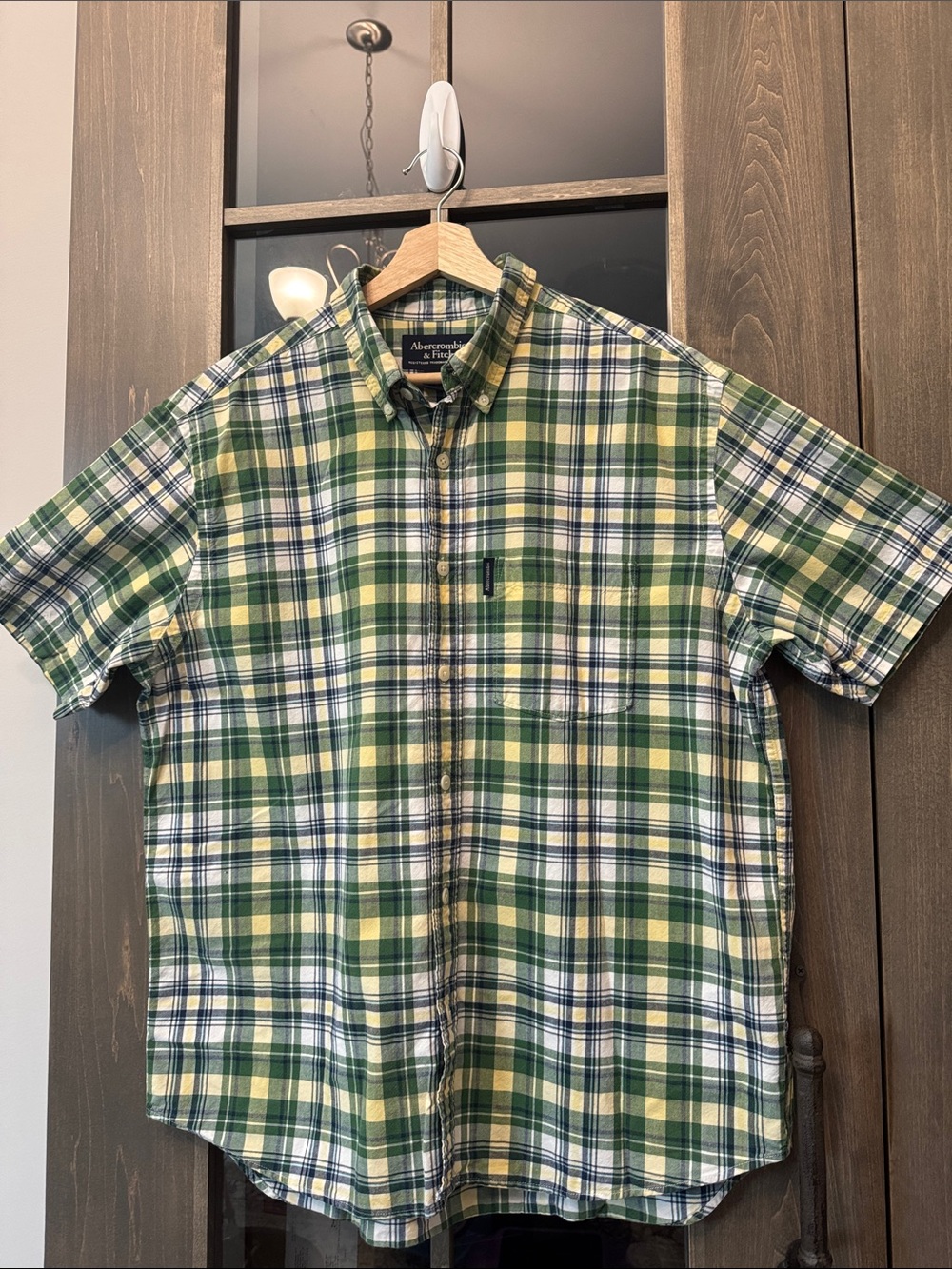 Vtg Abercrombie & Fitch Button‎ Down Shirt Mens L Green Plaid Short Sleeve